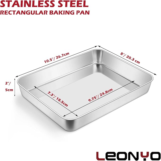 Leonyo 10.5"x8"x2" Rectangular Cake Pan for Baking, Stainless Steel Sheet | For Toaster Oven, Focaccia, Fish, Chicken, Casserole Dish, Oven Safe