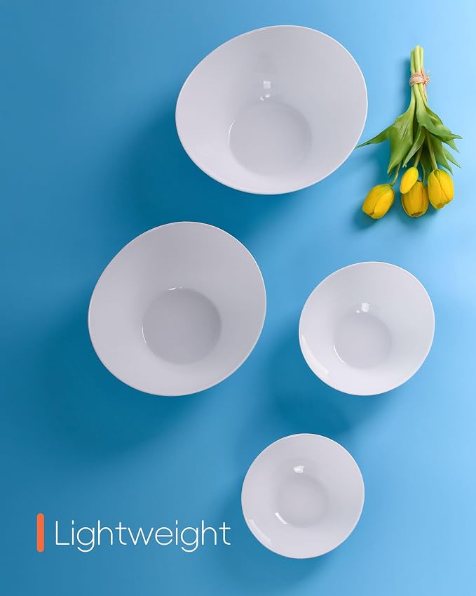 Oval Serving Bowls Set of 4, 12/20/43/66 OZ White Opal Glass | Space-saving nesting design with microwave & dishwasher safe, perfect for mixing, salad, fruit, pasta, dessert & prep
