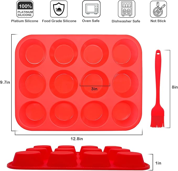 Silicone Muffin Pan Set,2 Pcs 2.8" 12 Cups Egg Bite Mold,Non-Stick,Easy Release,For Egg Muffins, Cupcakes, Large Muffins,Pizza Muffins,Cheesecakes(Black + Red)