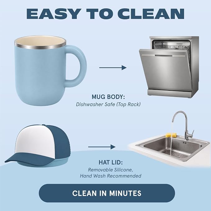 asobu Happy Hat Mug – 12 oz Double-Walled Stainless Steel Insulated Cup with Beanie-Shaped Lid – Ceramic Inner Coating – Spill-Proof and Ergonomic Design for Home and Travel (Blue)