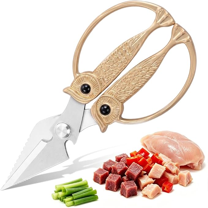 XSNBRD All Purpose Kitchen Scissors, Pearl Gold Stainless Owl Shears Large | Elegant pearl gold coating,sharp rustproof blades,owl-shaped comfort grip,easy wash,perfect cooking gift for family.