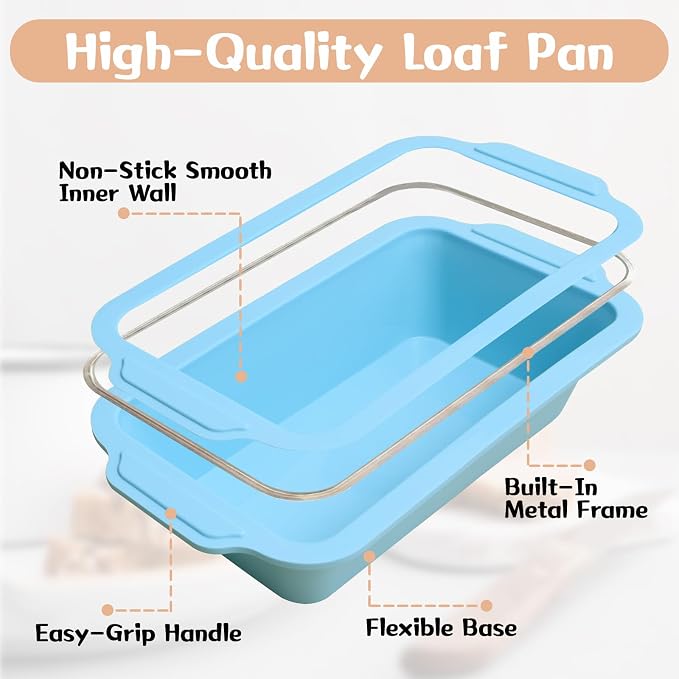 Nonstick Silicone Bread Loaf Pan: 9.5 x 5 Inch Bread Pan for Homemade Rye | with Metal Frame - Loaf Mold for Baking Oven - Housewife Baker Home Baking Enthusiasts (Beige & Mint Green) Toeusog
