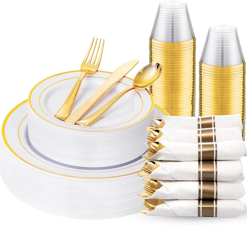 175PCS White and Gold Plastic Plates - Gold Plates with Rolled Napkins for Party - 25Guest Disposable Dinnerware Sets for Wedding/Baby Shower/Birthday