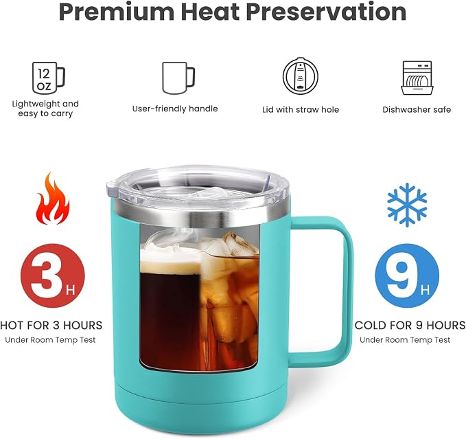 MEWAY 12oz Coffee Mug With Handle and Sliding Lid,Stainless Steel Travel Tumbler Cup with Handle,Double Wall Vacuum Insulated Camping Cup for Hot & Cold Drinks Tea (Light Green,Set of 1