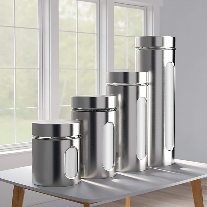 Quality 4pc Stainless Steel Canister Set for Kitchen Counter with Glass Window & Airtight Lids, Food Storage Containers, Pantry Storage & Organization Set for Coffee, Flour, Pasta, Rice, Spices, Herbs