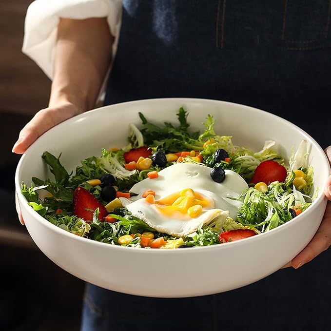 10'' Large Serving Bowl, 2.8 Quart Big Salad Pasta Bowl, Porcelain Fruit Bowl,Matte Mixing Bowls,Wide Soup Bowl for Family Kitchen,Microwave & Dishwasher Safe (White)