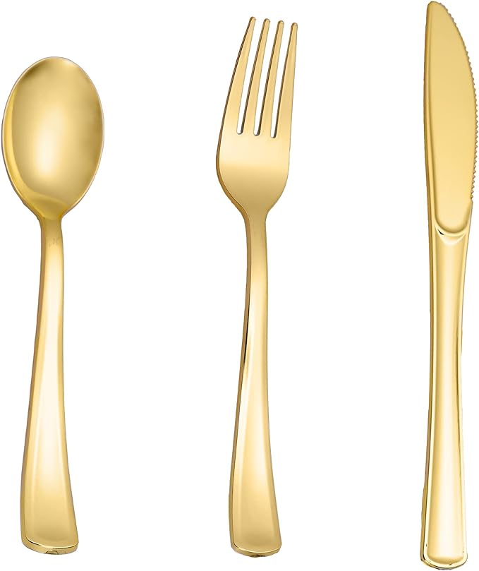 160PCS Gold Plastic Silverware, Disposable Plastic Cutlery/Utensils | Heavy Duty Flatware Kit , 80 Forks, 40 Spoons, 40 Knives , for Party, Wedding, Birthday & Everyday Use