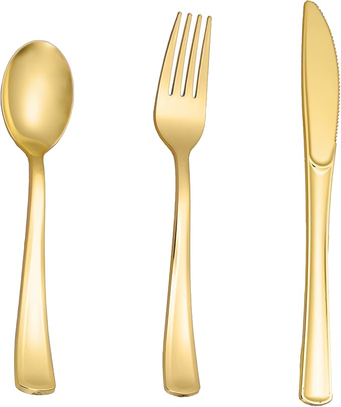 60PCS Gold Plastic Silverware, Heavy Duty Disposable Utensils/Cutlery | 30 Forks, 15 Spoons, 15 Knives, Elegant, BPA-Free, for Party, Wedding, Birthday & Everyday Use