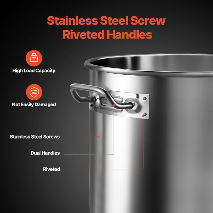 VEVOR Stainless Steel Stockpot, 24 Quart Cooking Pots, Cookware Sauce Pot with Lid, and Handle, Heavy Duty Commercial Grade Stock Pot, Sanding Treatment, for Steaming Boiling or Frying Silver