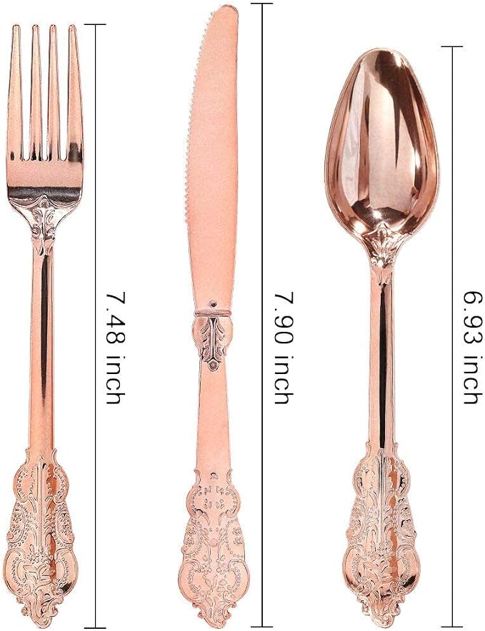 WDF-300 Pieces Rose Gold Plastic Silverware- Disposable Flatware -Heavyweight Plastic Cutlery- Includes 100 Forks, 100 Spoons, 100 Knives for Wedding/Parties/Birthday