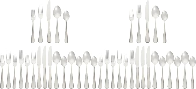 Amazon Basics Silverware Set, Stainless Steel Flatware, Dishwasher Safe, Service for 4, 20-Piece Forks and Spoons, Round Edge, Everyday Use (Pack of 2)