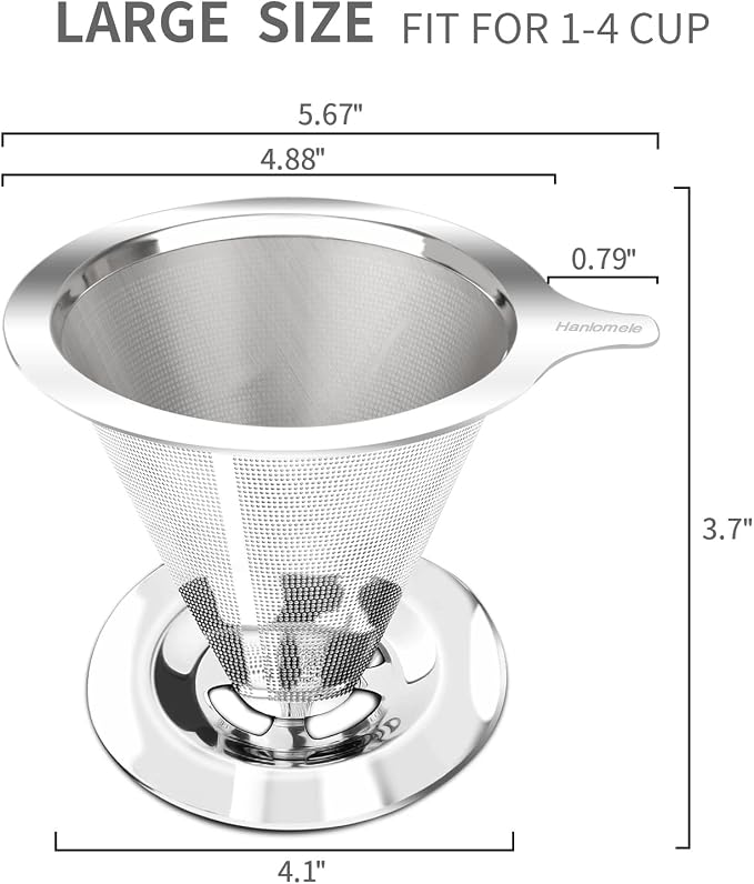 Hanlomele Pour Over Coffee Dripper, Paperless Reusable Coffee Filter, Pour Over Coffee Maker for Single Cup Brew, Double Mesh Design of Stainless Steel Cone Filter for Perfect Extraction (1-4 Cup)