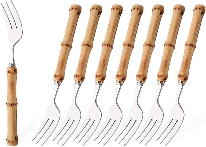 8 PCS Small Fork, 6.3 Inches Stainless Steel Dessert Forks with Bamboo Handle, Kitchen Flatware Cutlery Set, Use for Tasting Cakes Fruits and Appetizer, Mirror Polished