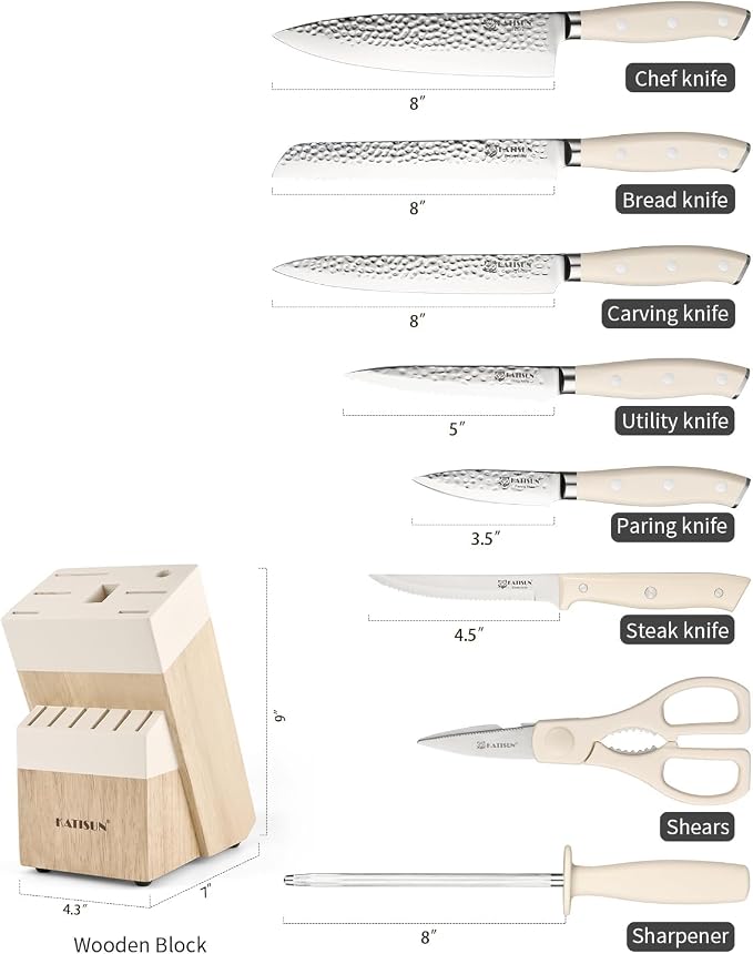 14-Piece Cream German Steel Kitchen Knife Block Set | Hammered Non-Stick Blades with 10° Precision Edge. Features Triple-Riveted Full Tang Handles, Shears & Natural Wood