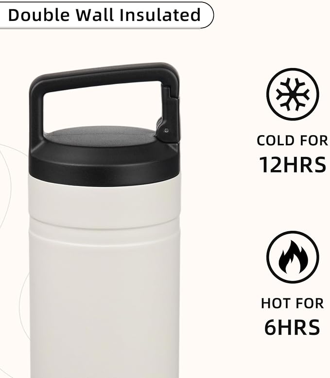 BJPKPK 20 oz Insulated Travel Water Bottle, Coffee Tumbler Stainless Steel | Double Wall Vacuum, Leakproof, Thermal, Keeps Hot/Cold, BPA Free, Dishwasher Safe, Spill Proof, Wide Mouth, 2 Lids, Milky