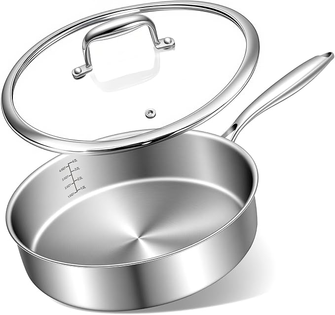 EWFEN 12 Inch Tri-Ply Stainless Steel Frying Pan, Compatible with All Cooktops Up to 600℉, Large Frying Pan with lids, Induction-Ready Skillet, Dishwasher and Oven Safe, Even Heat, 12" Saute Pan+Lid