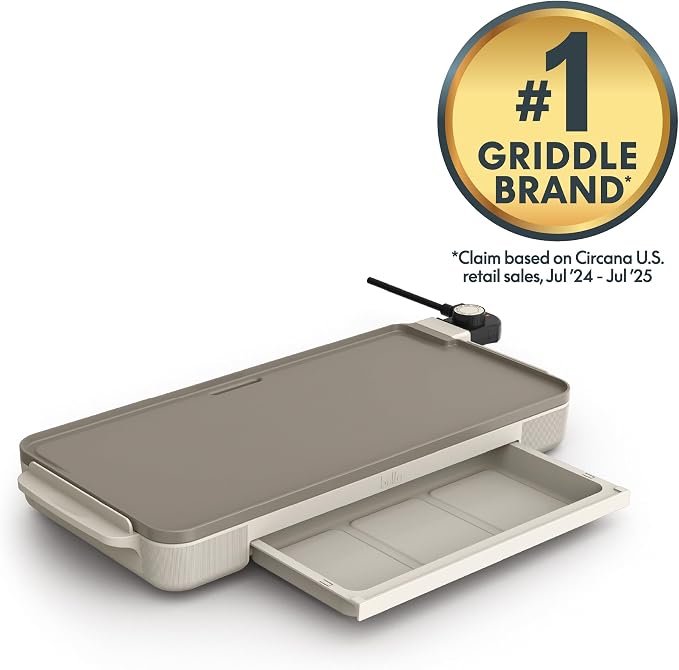 bella 10"x20" Ceramic Griddle with Warming Tray, 1500W Non-Toxic, Oatmilk