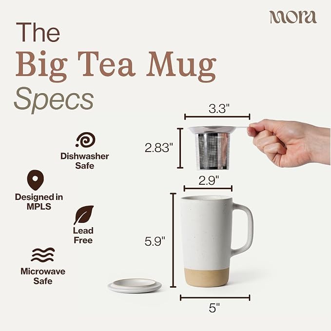MORA Ceramics Large Tea Mug with Loose Leaf Infuser and Ceramic Lid, 18 oz, Portable, Microwave, Dishwasher Safe, Tall Coffee Cup - Rustic Matte Ceramic Glaze, Modern Herbal Tea Strainer, Nebula