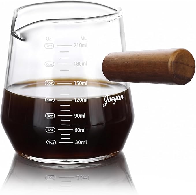 Joeyan 7 oz Glass Measuring Cup with Double Spouts,Espresso Shot Glasses with Wood Handle,Diamond Shaped Espresso Cups,Clear Milk Frothing Pitcher for Coffee,Borosilicate Espresso Accessories