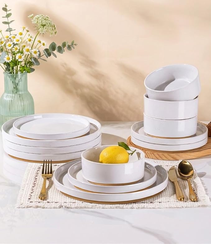 AmorArc Stoneware Dinnerware Sets for 4,12Pcs Plates and Bowls Set | Handmade Ceramic Dish Set,Dishwasher & Microwave Safe,Scratch Resistant-White