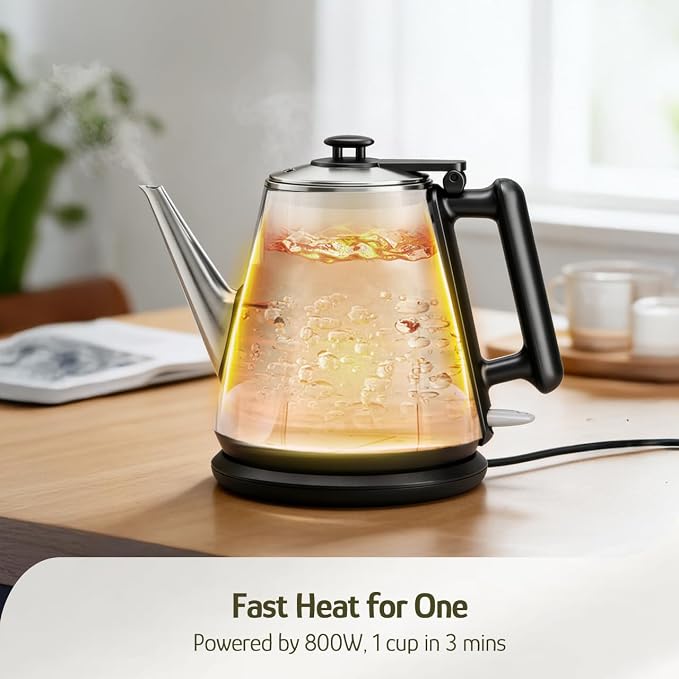 Hazel Quinn Electric Kettle, 1L/34oz Small Tea Kettle - Jet Black | 800W Fast Boil, 304 Stainless Steel Interior, Double-Wall Cool Touch, Gooseneck Spout, Auto Shut-Off, BPA-Free Cordless, Home