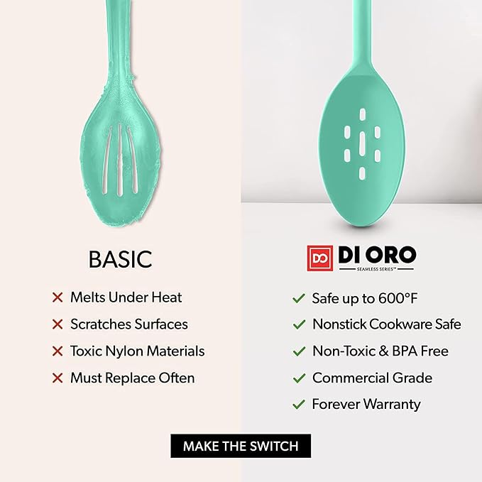DI ORO Silicone Cooking Spoons - Solid & Slotted Set, 2-Pc Mint | Large heads for mixing, serving, and stirring; Heat-resistant to 600F for nonstick cookware; BPA-free and dishwasher safe