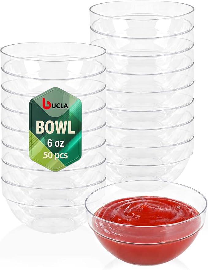 bUCLA 50 Pack Plastic Prep Bowl Sets, 6oz Clear Small Pinch Bowls | Small Bowls for Salt, Spices, Chopped Ingredients, Dipping Sauces, Ice Cream Toppings, Pudding