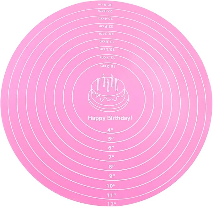 Hitefu 12 Inch Round Silicone Cake Mat, Pink | Silicone Baking Mat, With Measurement, For Cake Turntable, For Rolling Dough