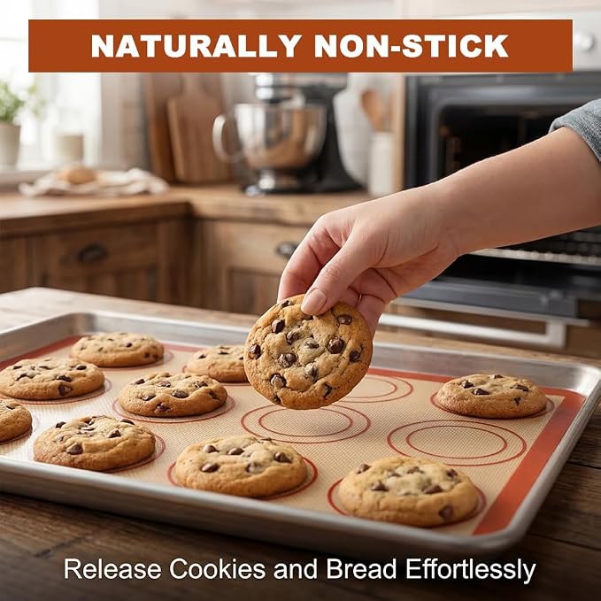 Silicone Baking Mat Set of 6, Extra Thick Silicone Mats, Food Grade Non-stick Reusable Baking Mat, Heat Resistant -40°F to 446°F, Round & Square Cake Pan Mat for Macarons, Cookies, Pizza, Bread