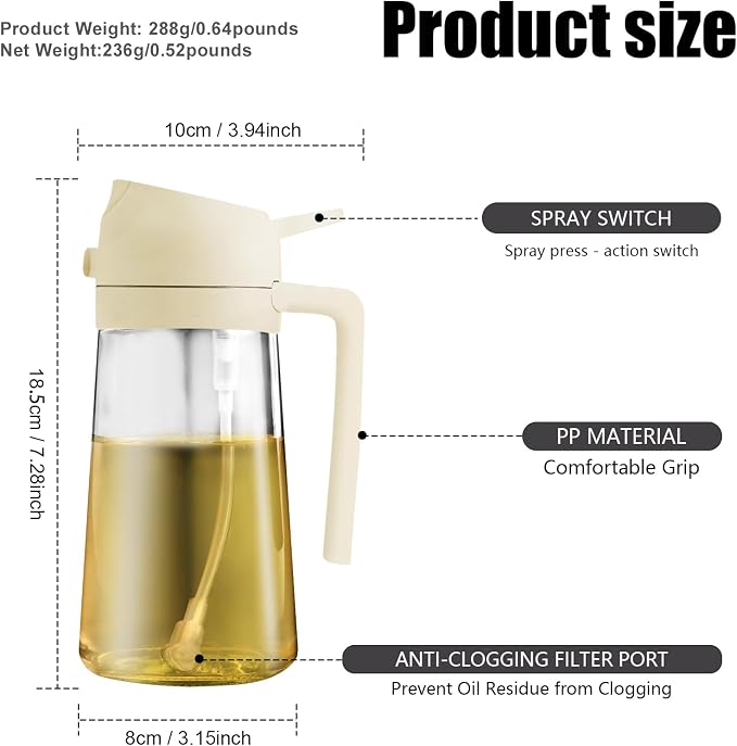 2 in 1 Glass Oil Sprayer & Dispenser,16oz/470ml Olive Cooking, Air Fryer, and Salad, for Kitchen Gadgets and Air Fryer Accessories, w/Stickers (White)