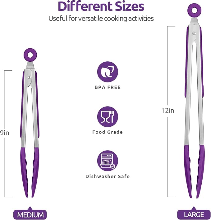 U-Taste Kitchen Tongs for Cooking, 600ºF Heat-Resistant Tps, 2Pcs/Purple | Silicone Tong Set 9/12in, Salad/Grill/BBQ Plastic Tong for Food Serving, Rubber Tipped Tong with 18/8 Stainless Steel Handle