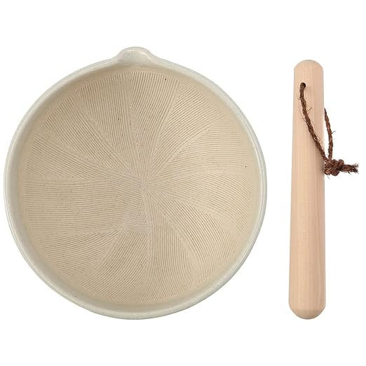 Japanese Ceramic Ripple Ridge Mortar & Pestle Suribachi Bowl and Surikogi Set with Spout 7.1 inches Made in Japan (White)