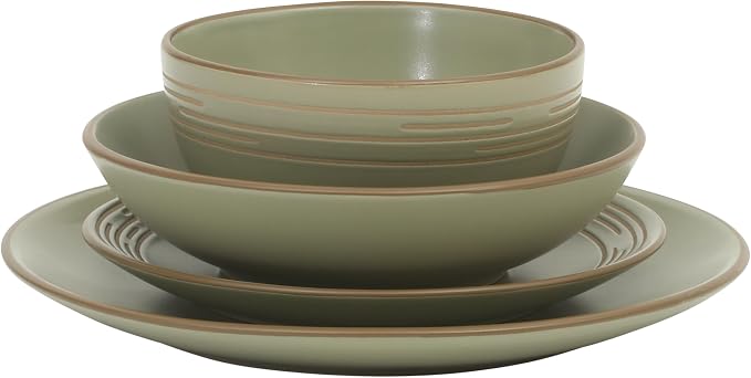 Gibson Home Chiswick House 16-Piece Stoneware Dinnerware Set, Round Plates and Bowls Set for 4, Green with Wax Relief Embossed Rim Detail, Dishwasher Safe – Dinner Plate, Salad Plate & Cereal Bowl