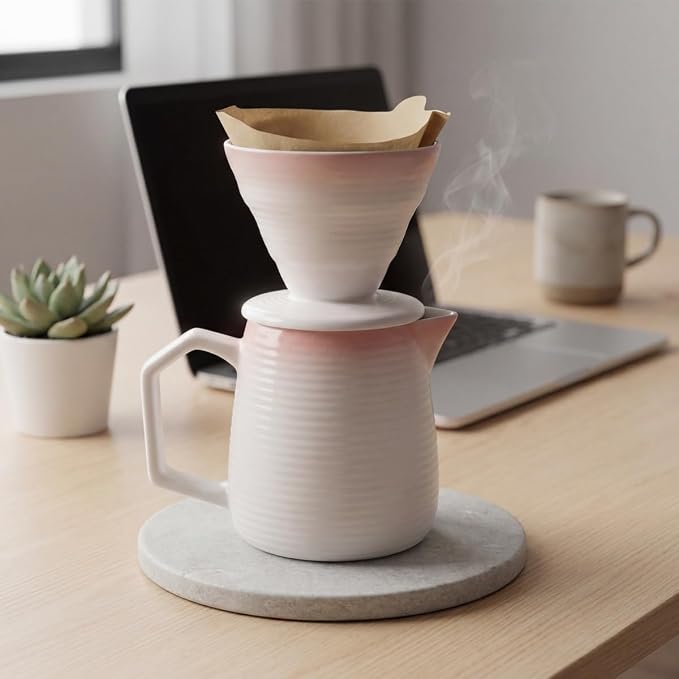 pour over coffee maker - Ceramic Dripper Pot, Heat-Resistant & Easy Clean | Manual Slow Drip Coffee Brewer for Office, Home, Camping 1-3 Cup Pour 20 coffee filters (pink)