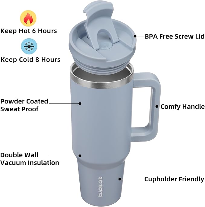 BJPKPK 40 oz Insulated Tumbler with Handle & Straw, Stainless Steel | Double Wall Vacuum Insulation, Leak Proof, BPA Free, Dishwasher Safe, Cupholder Friendly, Travel & Outdoor, Modern Blue