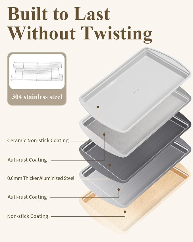 Nonstick Crisp Baking Tray With Wire Rack, Ceramic Coating Jelly Roll 15x10 Cookie Sheet Pan, Non-Toxic, PTFE & PFOA Free, Oven Safe 550°F, Dishwasher Safe, Aluminized Steel, Sunshine Cream