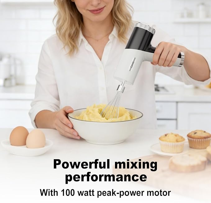 Camic Electric Hand Mixer with 9 Speeds, Powerful Motor, Cordless Hand Mixer with Whisk, Dough Hook and Mixing Rod for Whipping Eggs, Cream, Butter, Jam, Kneading Dough and Blending (White+Black)