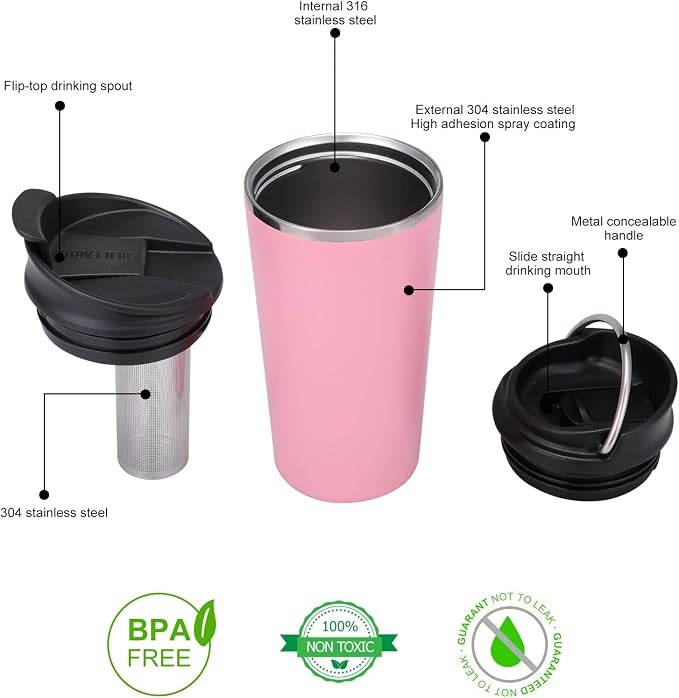 GiNT 17oz Travel Tea Mug with Infuser, 2 Lids. Vacuum Insulated 316 Stainless Steel Coffee Mug. Dishwasher Safe Tea Cup with Strainer for Hot & Cold Brew Coffee. Mothers Day Gifts for Mom (Pink)