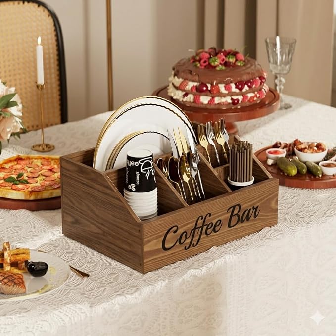 Coffee Station Organizer for Countertop – Wooden Coffee Bar Organizer with Adjustable Dividers,Holds K Cup Pod & syrup bottles, for Kitchen, Office, or Bar and Tea Station, Brown