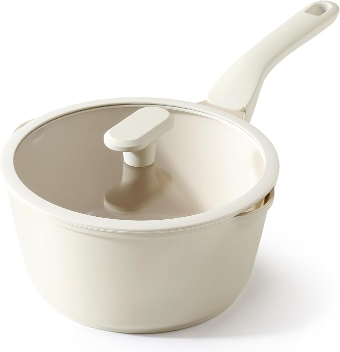 PRICUSIS Ceramic Nonstick Saucepan with Lid, 3 Quart Non Toxic Pot with Pour Spouts, Full Coated, 100% Dishwasher Safe, Induction Compatible, PTFE PFAS & PFOA Free, Coconut White