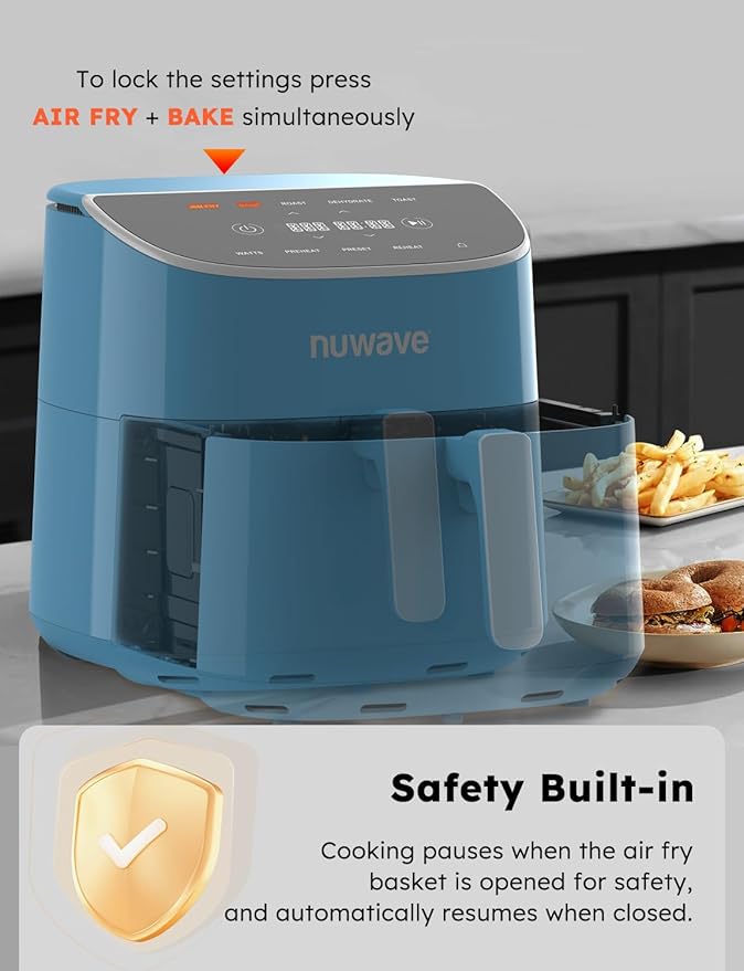 Nuwave Brio Plus 8 Qt Air Fryer, PFAS Free, New & Improved, 50-400°F in 5°F | Digital Touchscreen, Cool White Display, Ceramic Nonstick Coating, 5 Modes, 100 Presets/50 Memory, 700/1500/1800W, Cozy Blue