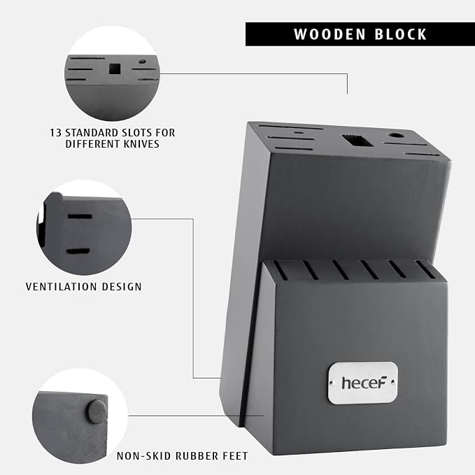 hecef Grey Kitchen Knife Block Set, 14 Pieces | Wooden Block, Sharpener Steel, All-purpose Scissors, High Carbon Stainless Steel