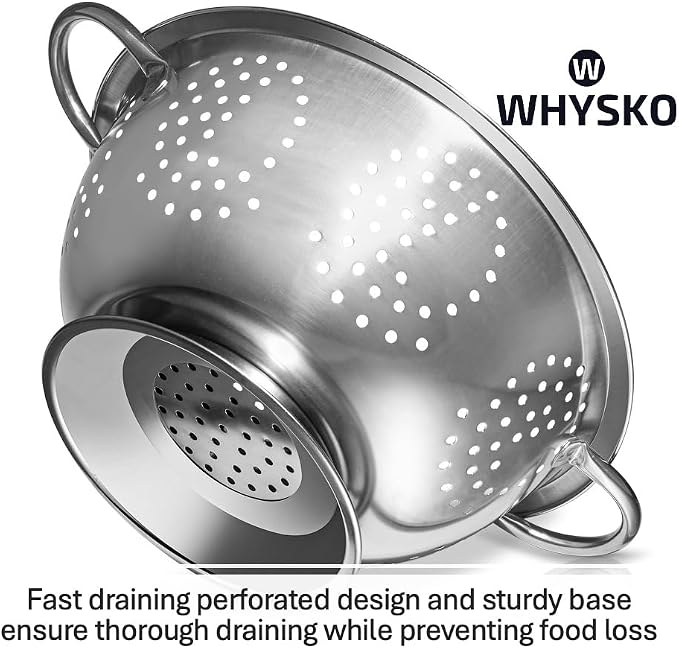 3-Pack Stainless Steel Colander Set, 5, 3 & 1 Qt with Handles | Durable Metal Kitchen Strainers Set with Heat Resistant Handles for Pasta and More, Rustproof and Dishwasher Safe