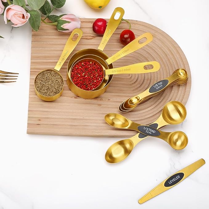 Gold Measuring Cups & Spoons Set for Cooking, 13pcs | 5 Gold Measuring Cups, 7 Double-Sided Measuring Spoons & 1 Leveler, Gold Baking Kitchen Gadgets for Dry & Liquid Ingredients