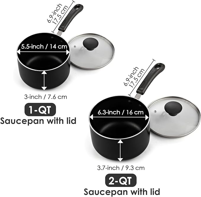 Cook N Home Basic 1 Quart and 2 Quart Nonstick Saucepan Set with Glass Lids, 2-Piece Non Stick Aluminum Sauce Pans, Multi-Purpose Milk Chocolate Cooking Pots with Stay-Cool Handles, Black | 2-Piece Nonstick Aluminum Sauce Pans, Multi-Purpose Milk Choco...