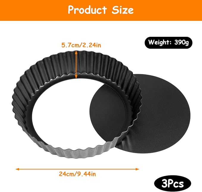 3 PCS Pie Pan with Removable Bottom 9.5 Inch Non Stick Carbon Steel Pan for Baking Quiche Cheesecake Desserts Fluted Edges Oven Pies