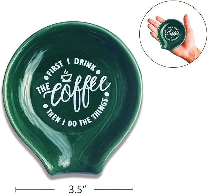 Littlefa Coffee Spoon Rest Holder-Coffee Bar Accessories-Blackish Green | Funny Ceramic Coffee Spoon Rest for Coffee Bar Accessories Essentials, Coffee Lovers Gifts, But First I Drink Sign