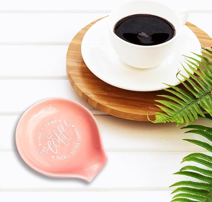 Funny Coffee Quote First I Drink The Coffee Then I Do The Things Ceramic Spoon Holder- Orange Pink Coffee Spoon Rest -Cafe Station Bar Accessories