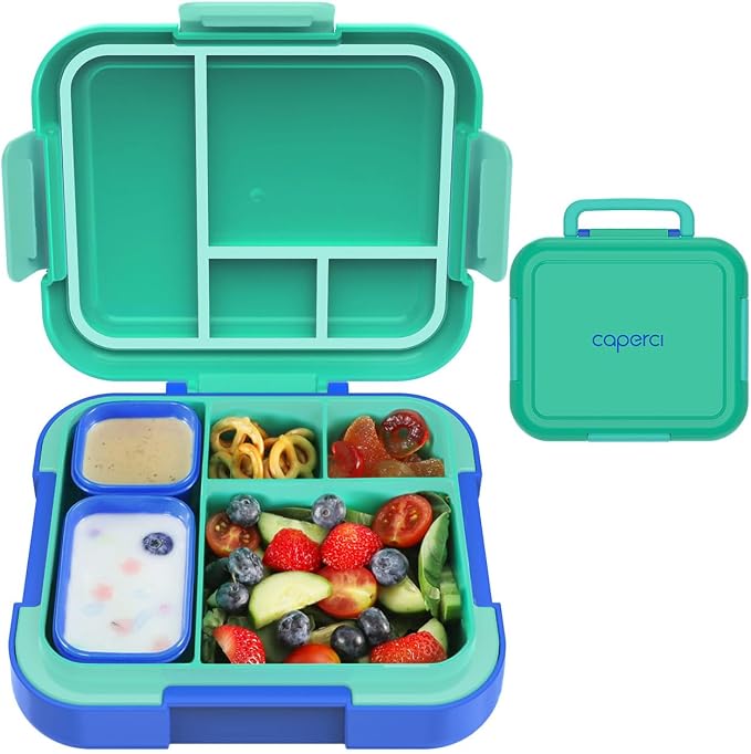 Caperci Bento Box for Kids Age 4-8 - 4.8 Cups Lunch Box with 2 Modular Containers - 4 Compartments Lunch Container, Leak-Proof, Portable Handle, Microwave/Dishwasher Safe (Jungle Green/Blue)
