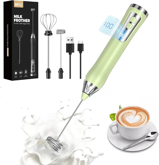 Rechargeable Milk Frother Handheld, IP67 Waterproof Coffee Frother with Digital Battery Display, 3-Speed Electric Milk Frother for Coffee, Latte, Cappuccino, Matcha, Protein Shakes & Eggs (Green)